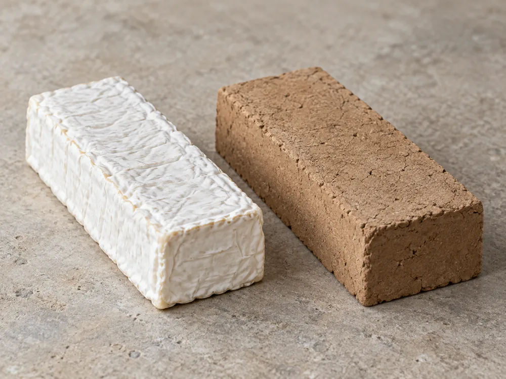 Brick-shaped goat cheese with a white rind beside a clay-colored adobe brick - Leonora | KnowTheCheese