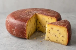 Round Leyden cheese with a red-brown coating and a cut wedge showing cumin seeds in yellow paste - Leyden | KnowTheCheese