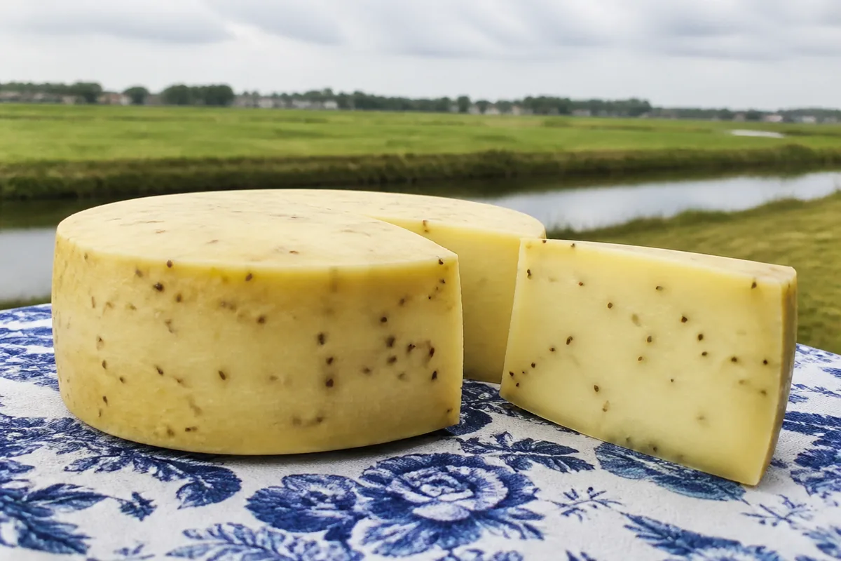 Flat Leyden cheese wheel and cumin-speckled wedge - Leyden | KnowTheCheese