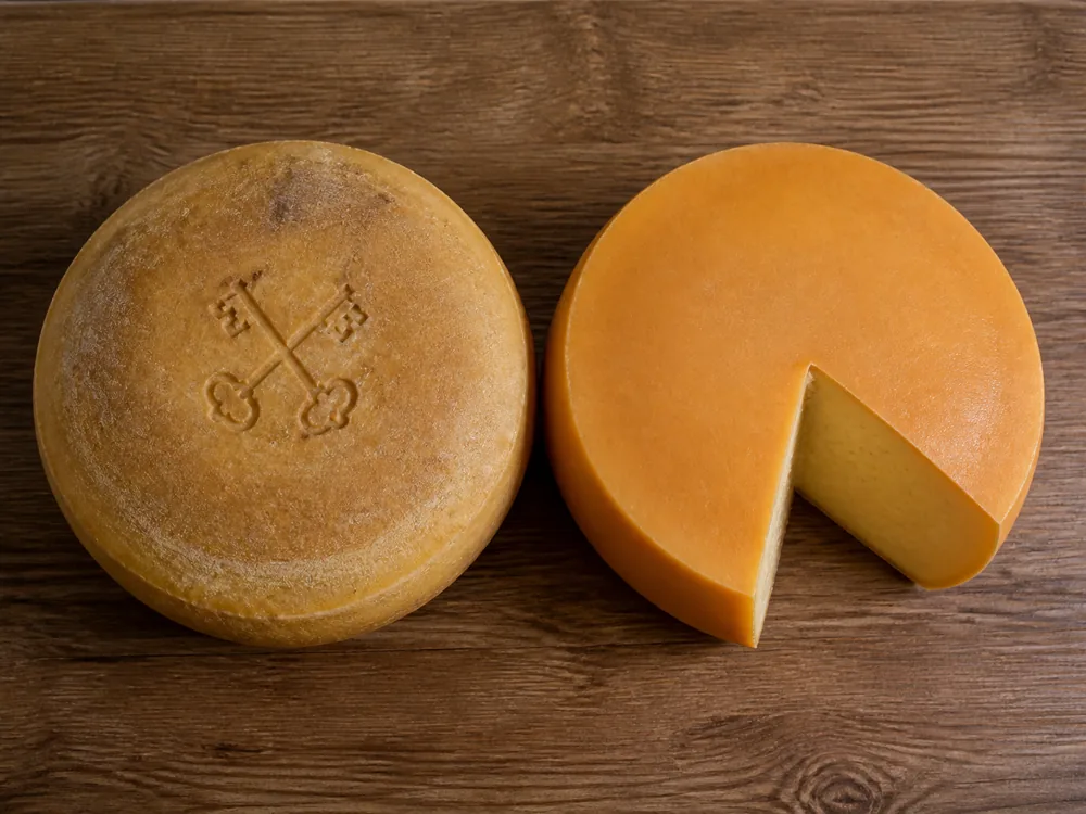 Key-marked Boeren-Leidse wheel beside unmarked Leyden cheese - Leyden | KnowTheCheese