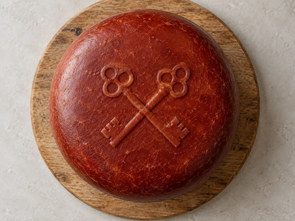 Top view of a red-brown coated cheese wheel with two crossed keys pressed into the rind - Leyden | KnowTheCheese