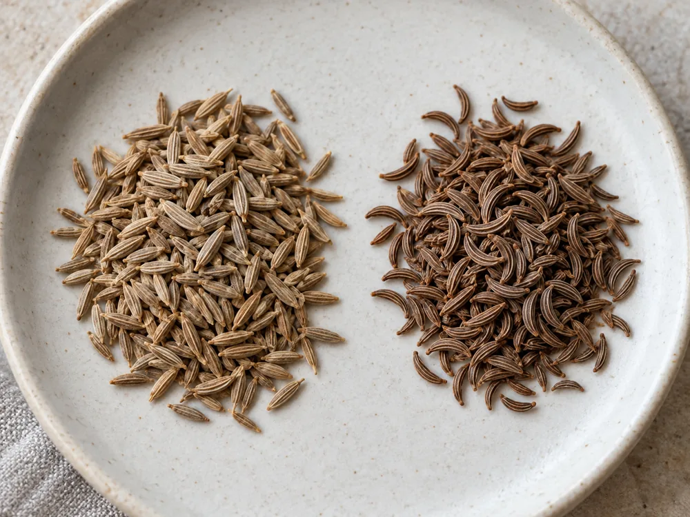 Cumin seeds beside caraway seeds on a plate for comparison - Leyden | KnowTheCheese