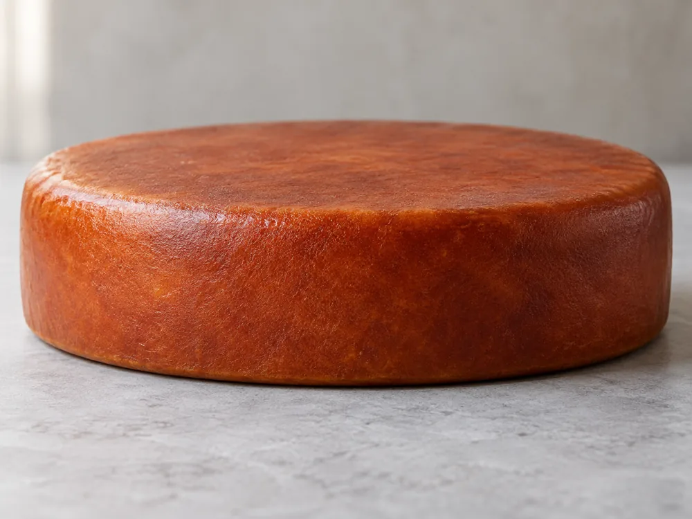 Side view of a flat round cheese wheel with a red-brown coating, a rounded upper edge and a straight lower edge - Leyden | KnowTheCheese