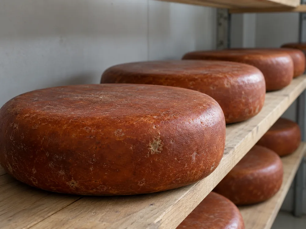 Several round cheeses with a red-brown coating resting on wooden shelves - Leyden | KnowTheCheese