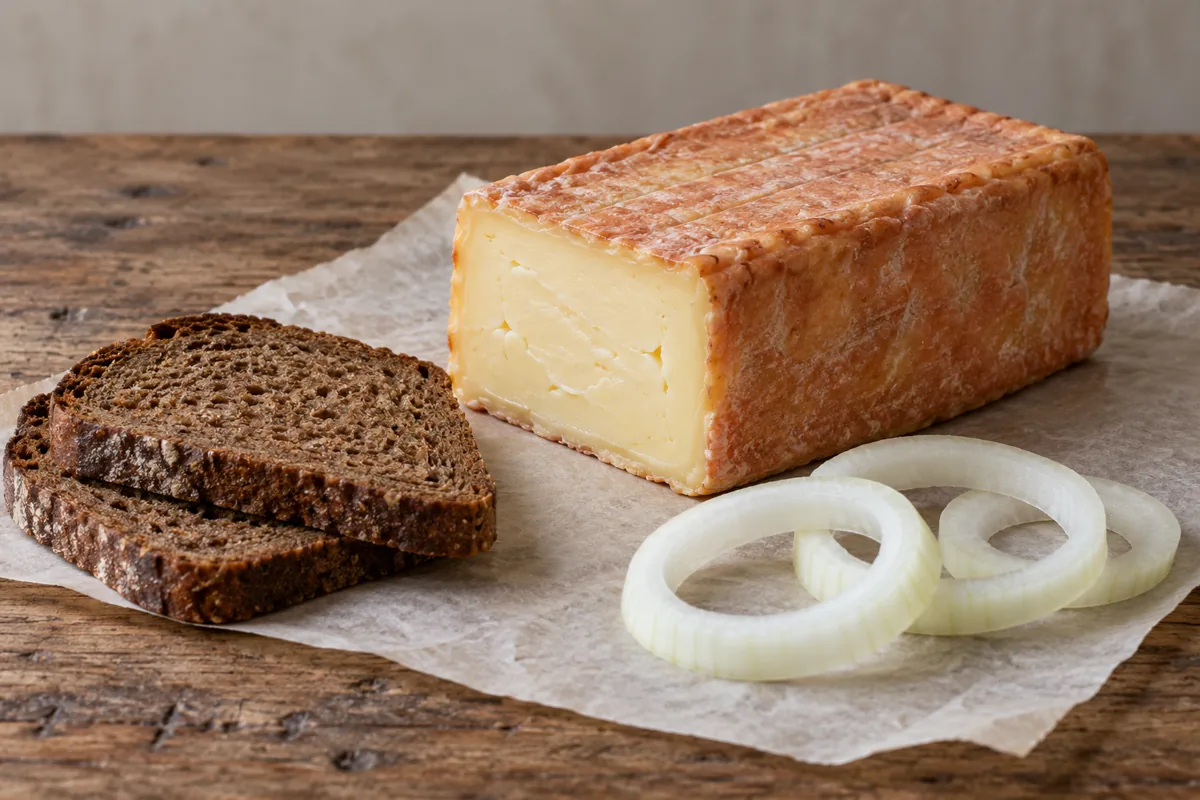 Brick of Limburger with an orange-brown rind and pale yellow interior beside rye bread and onion rings - Limburger Cheese | KnowTheCheese