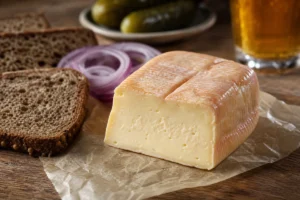 Limburger wedge with rye onion pickles and beer - Limburger Cheese | KnowTheCheese