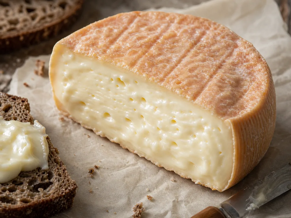 Cut Limburger showing washed rind and creamy paste - Limburger Cheese | KnowTheCheese