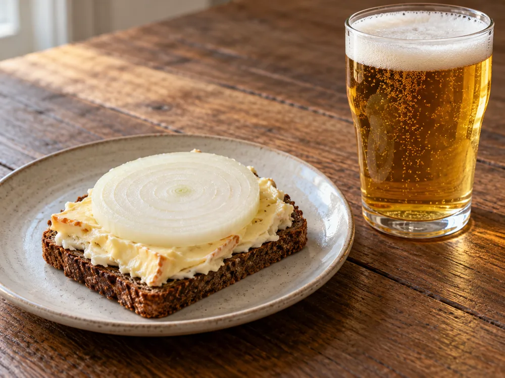 Rye bread spread thickly with Limburger under a thick slice of onion, beside a glass of lager - Limburger Cheese | KnowTheCheese