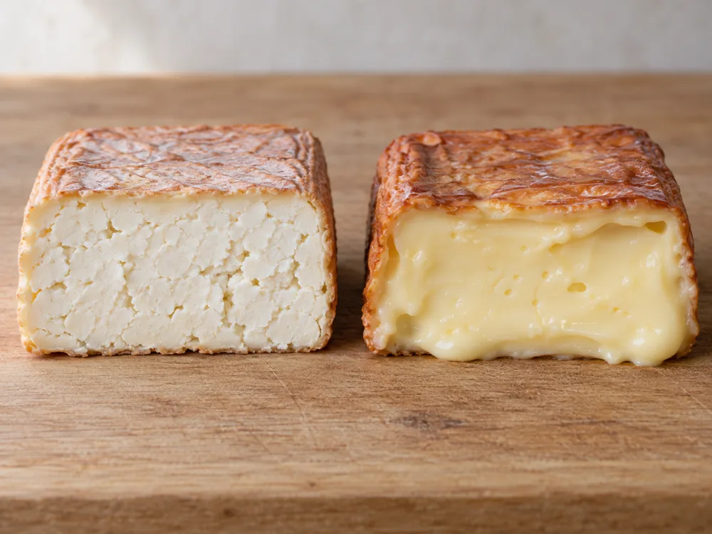 A young crumbly piece of Limburger beside a ripe creamy piece - Limburger Cheese | KnowTheCheese