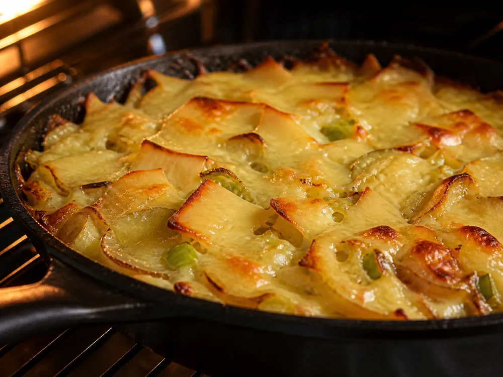 Lincolnshire Poacher shavings melting over leek and potato gratin - Lincolnshire Poacher | KnowTheCheese
