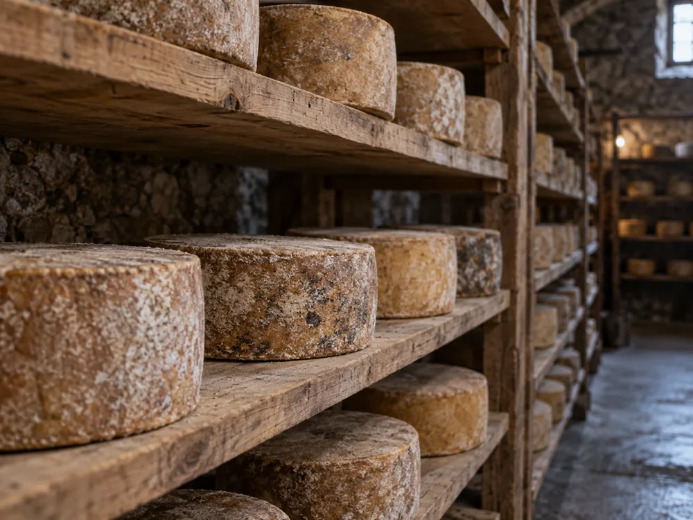 Round cheese wheels with rough tan rinds on wooden shelves in a stone-walled maturing room - Lincolnshire Poacher | KnowTheCheese