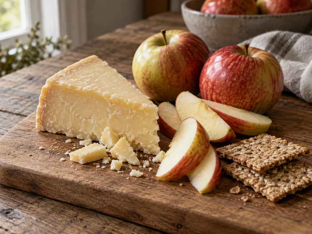 Wedge of pale yellow hard cheese with whole and sliced apples and crackers on a wooden board - Lincolnshire Poacher | KnowTheCheese