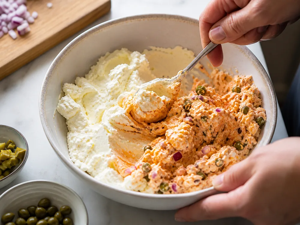 Paprika and seasonings being folded into fresh cheese for Liptauer - Liptauer | KnowTheCheese