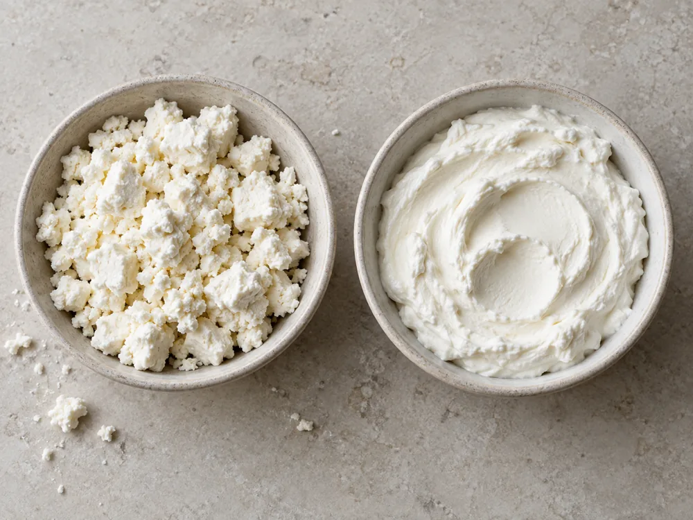Crumbled white sheep cheese beside smooth white quark in two bowls - Liptauer | KnowTheCheese