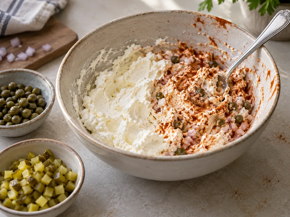 Paprika, onion and capers being mixed into white fresh cheese for Liptauer - Liptauer | KnowTheCheese