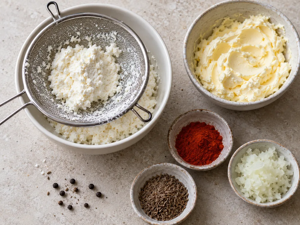 Cheese pressed through a sieve beside whipped butter, paprika, caraway, onion and peppercorns - Liptauer | KnowTheCheese