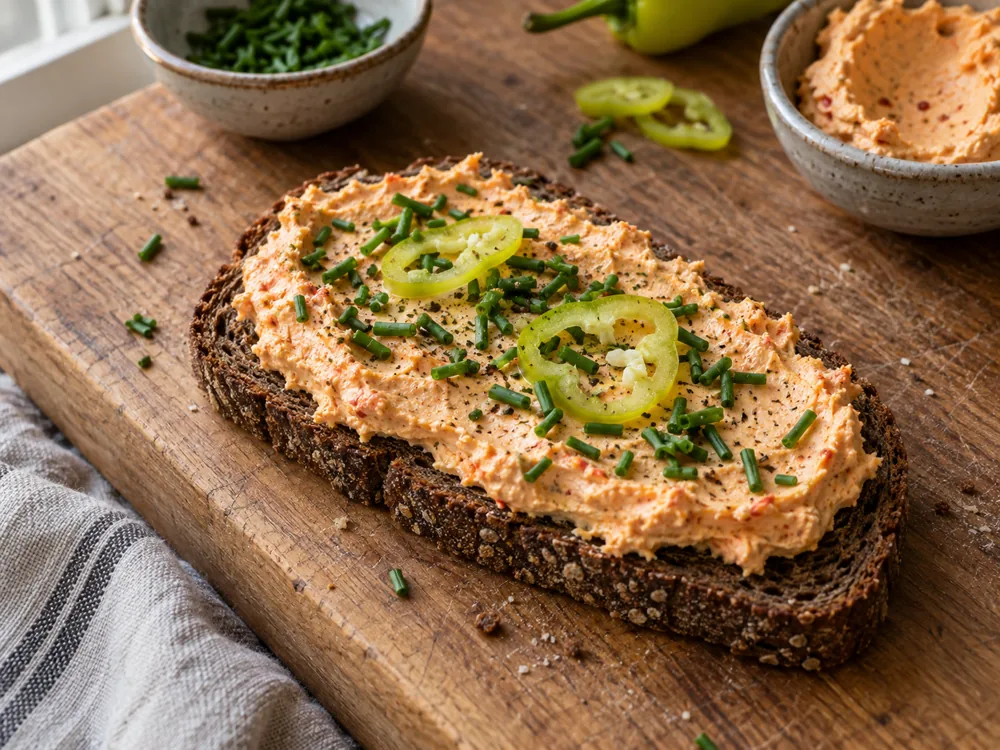 Slice of dark rye bread spread with orange-pink Liptauer, chives and thin green pepper rings - Liptauer | KnowTheCheese