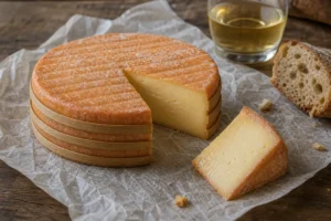 Livarot-style wheel with four reedmace bands, a cut wedge, bread, and cider - Livarot | KnowTheCheese