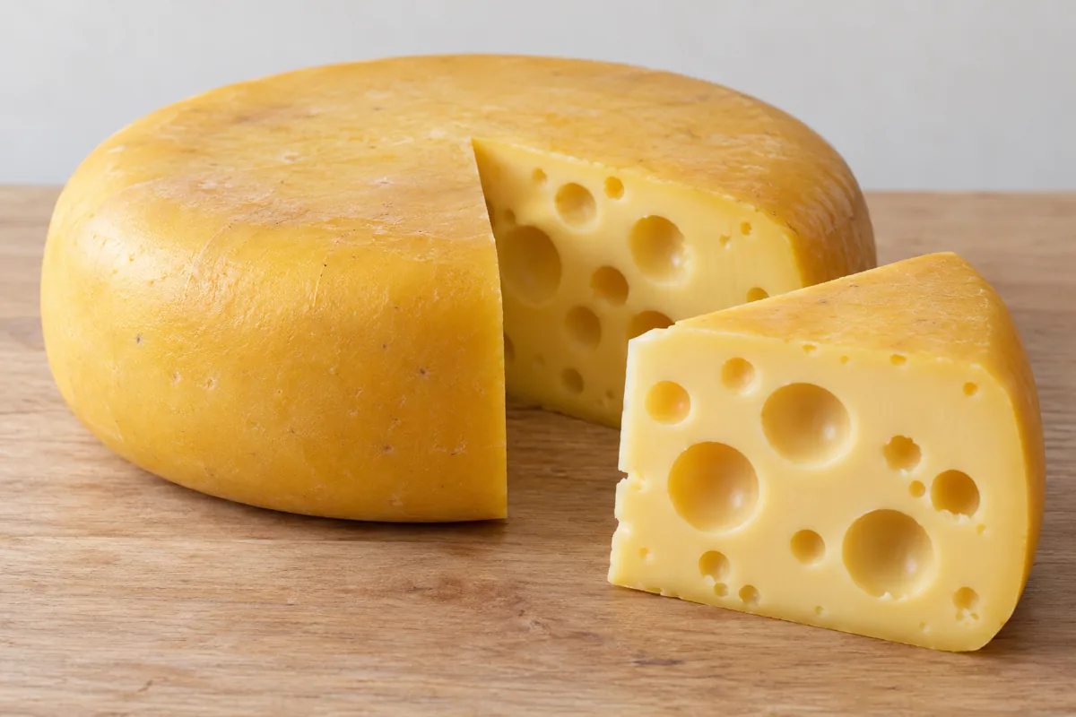 Maasdam wheel with a smooth yellow rind beside a cut wedge showing large round holes - Maasdam | KnowTheCheese