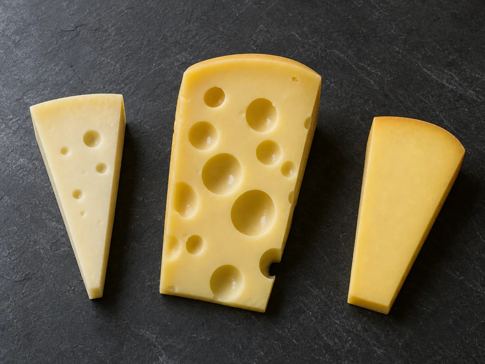 Emmental, Maasdam, and Gouda wedges showing different eye structures - Maasdam | KnowTheCheese