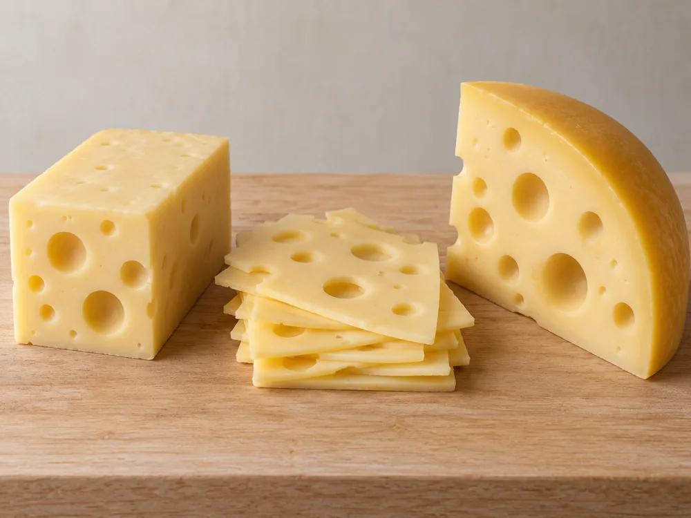 Rindless block, stack of slices and rinded wedge of Maasdam with round holes - Maasdam | KnowTheCheese