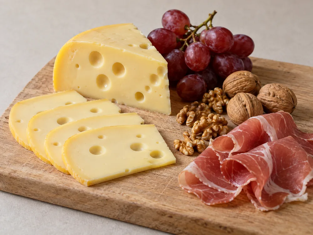 Maasdam wedge and slices on a wooden board with red grapes, walnuts and folded cured ham - Maasdam | KnowTheCheese