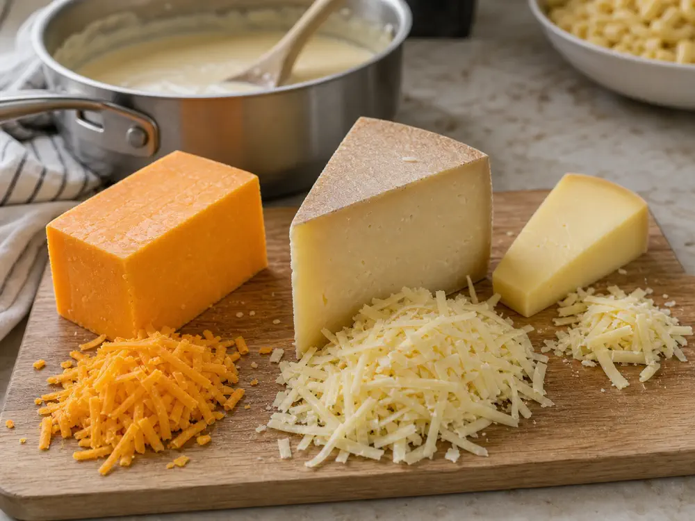 Sharp cheddar, Gruyere-style wedge, extra support cheese, and smooth cheese sauce for mac and cheese - Best cheese for mac and cheese | KnowTheCheese