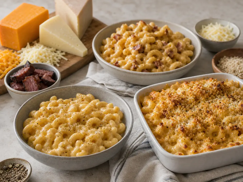 Creamy stovetop mac, baked mac, and richer loaded mac beside cheese choices - Best cheese for mac and cheese | KnowTheCheese