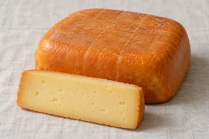 Square Mahón-Menorca block with an orange rind beside a cut slice - Mahón-Menorca | KnowTheCheese
