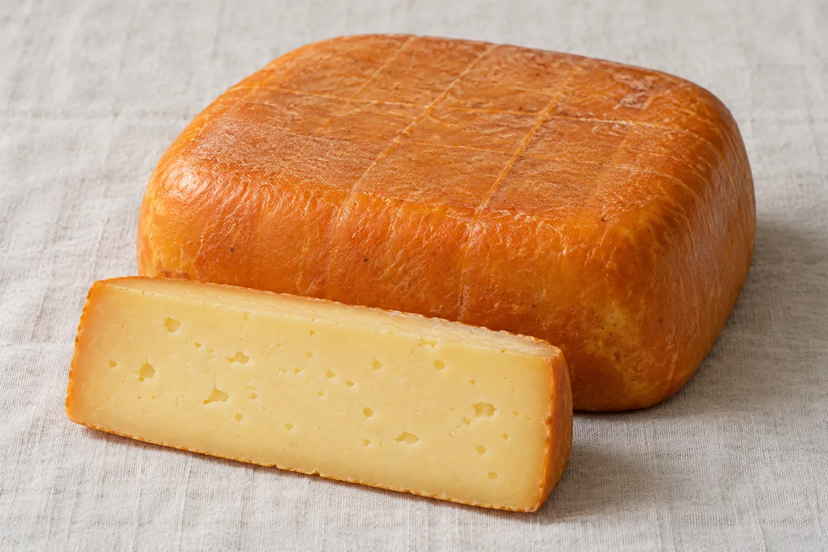 Square Mahón-Menorca block with an orange rind beside a cut slice - Mahón-Menorca | KnowTheCheese