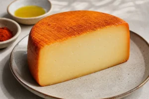 Wedge of Mahon with amber paste and orange-rubbed rind - Mahon cheese | KnowTheCheese