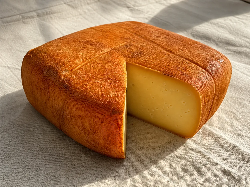 Square cloth-shaped Mahon-Menorca wheel with a paprika-oil rubbed rind - Mahon | KnowTheCheese