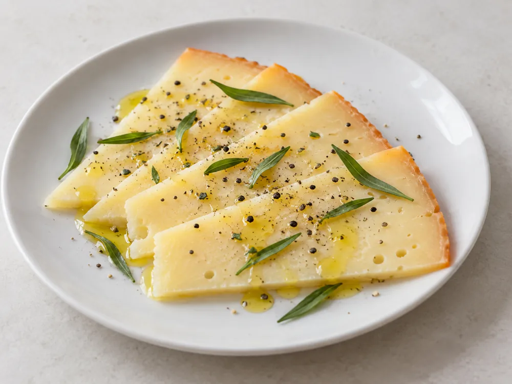 Sliced Mahón with olive oil, black pepper and tarragon leaves - Mahón-Menorca | KnowTheCheese