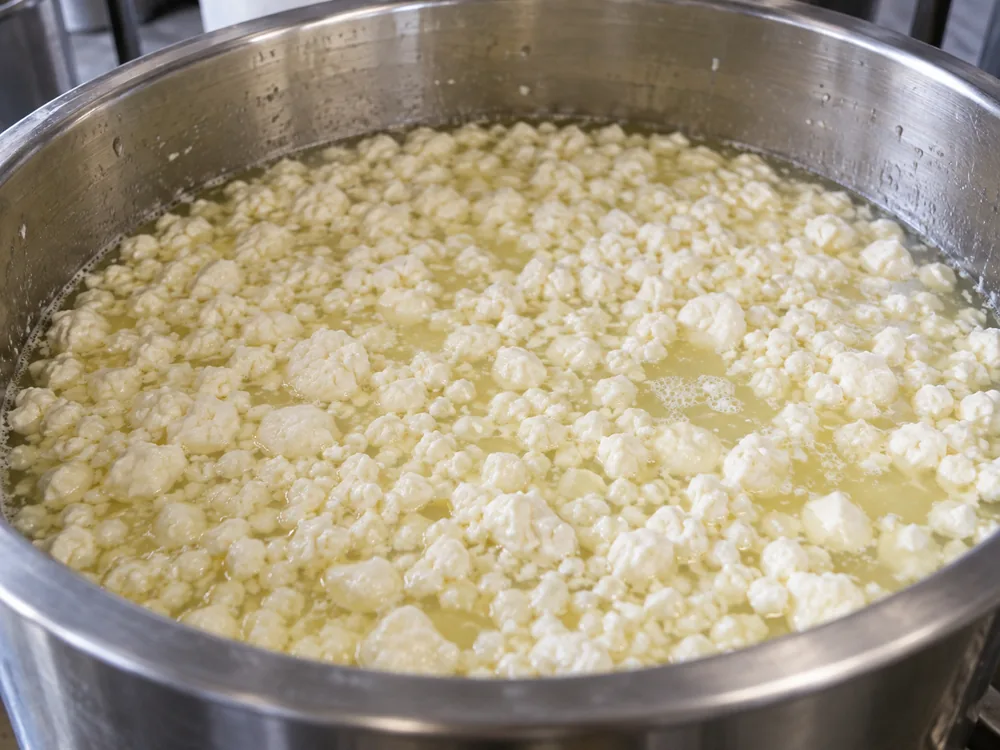 Small pieces of cut curd in whey in a steel vat - Majorero | KnowTheCheese