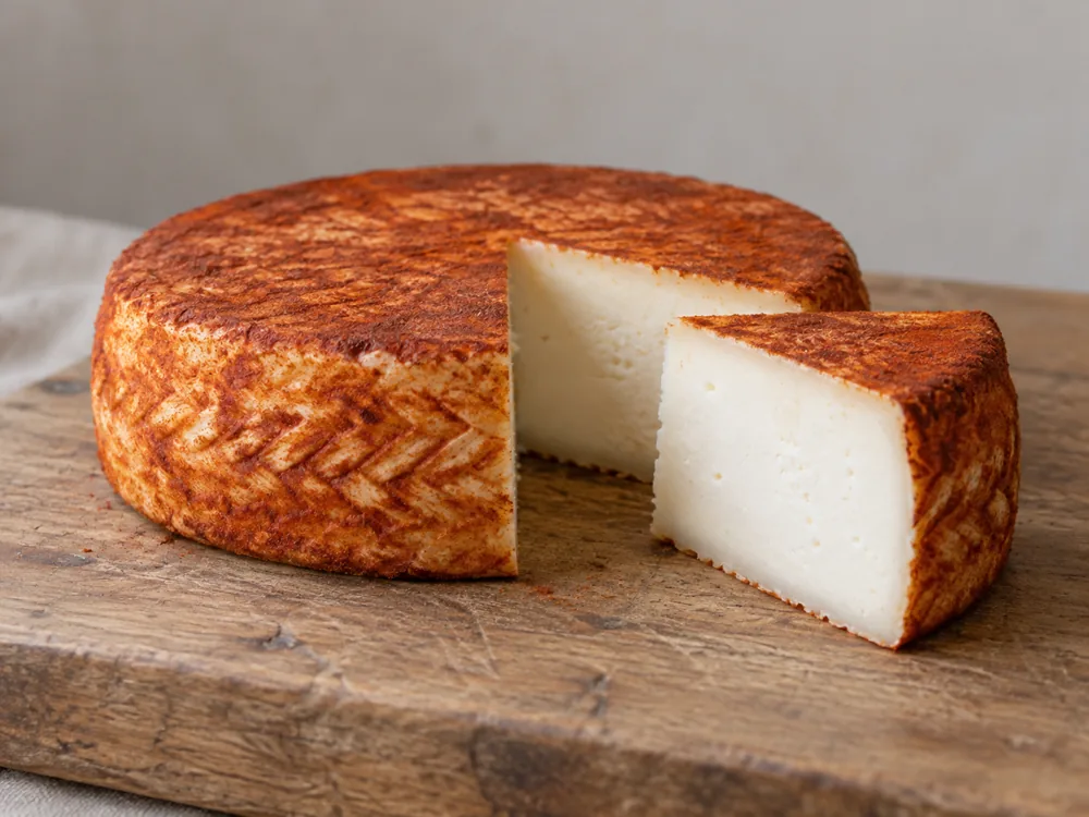 Majorero wheel with a reddish paprika rind and a cut wedge of white paste - Majorero | KnowTheCheese