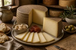 Manchego-style wheel and wedge with patterned rind, quince paste, almonds, and olives - Manchego cheese | KnowTheCheese