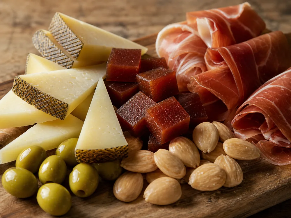 Manchego triangles with membrillo, Marcona almonds, olives, and Serrano ham - Manchego cheese | KnowTheCheese