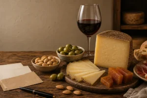 Manchego pairing board with aged Manchego, quince paste, Marcona almonds, olives, cured ham, and red wine - Manchego pairing | KnowTheCheese
