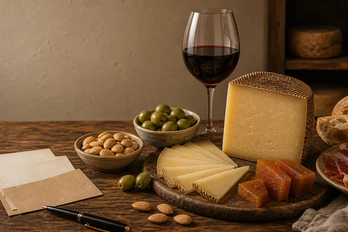 Manchego pairing board with aged Manchego, quince paste, Marcona almonds, olives, cured ham, and red wine - Manchego pairing | KnowTheCheese