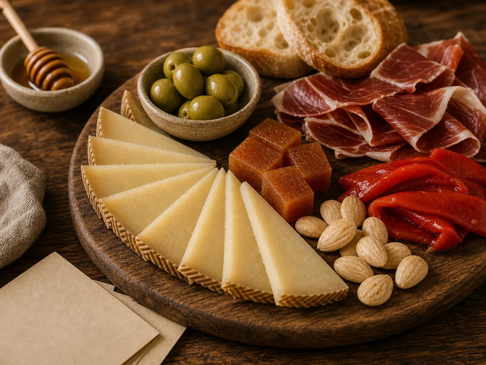 Manchego tapas board with sliced Manchego, quince paste, almonds, olives, roasted peppers, and cured ham - Manchego pairing | KnowTheCheese