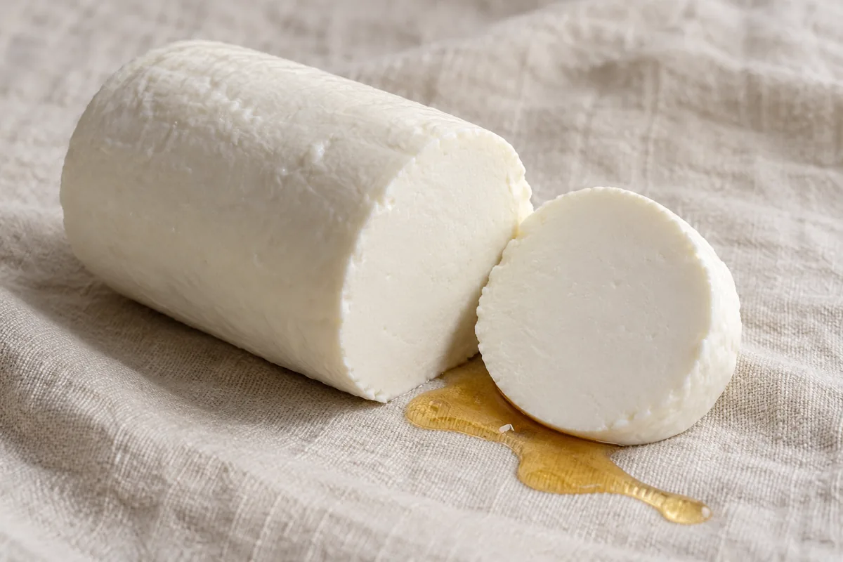 White rindless Manouri cylinder with one round cut beside a drizzle of honey - Manouri | KnowTheCheese
