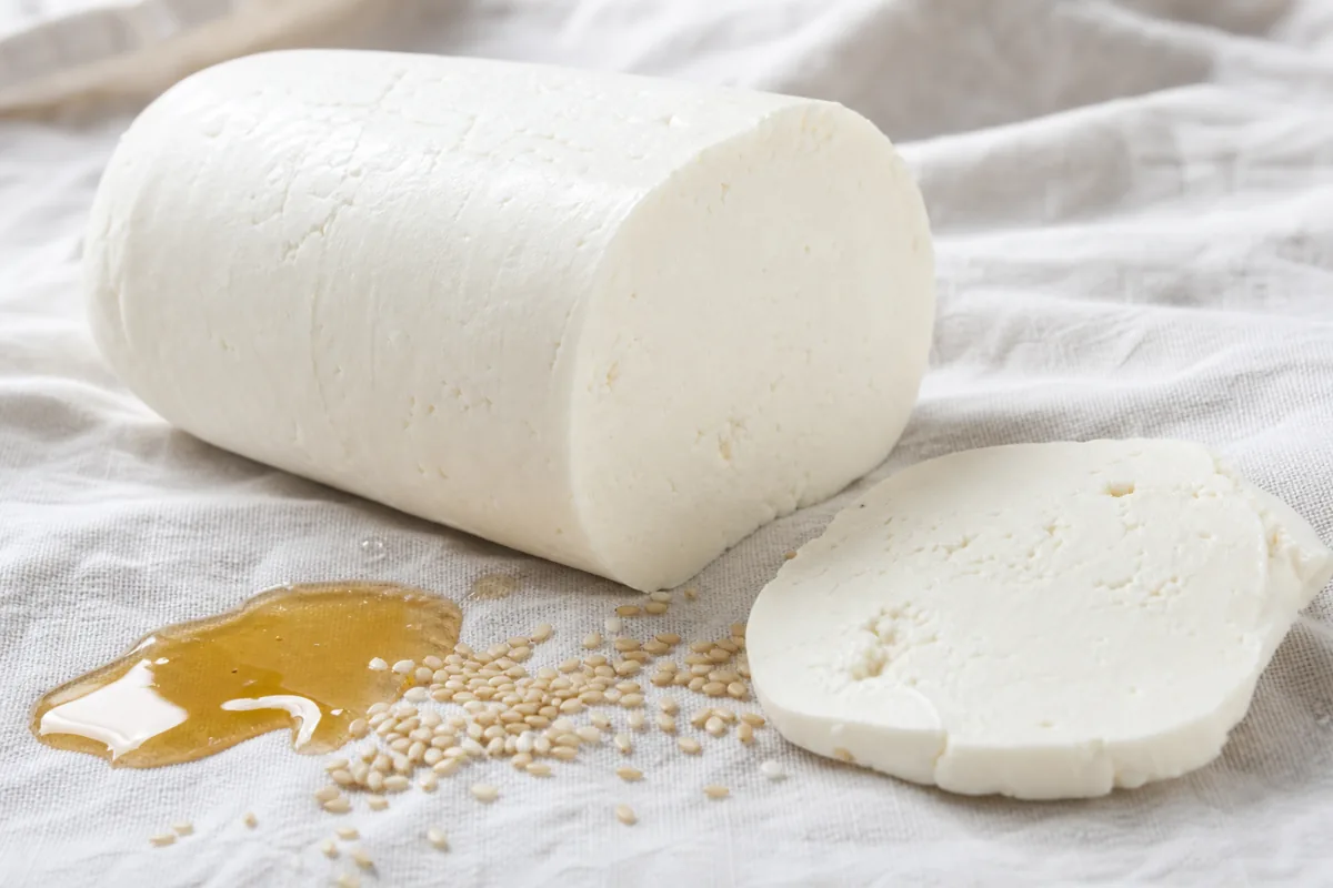 Sliced white log of Manouri with smooth creamy paste - Manouri cheese | KnowTheCheese