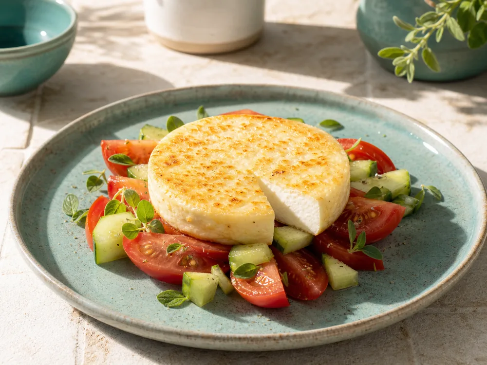 Seared Manouri holding its shape over a tomato-cucumber salad - Manouri | KnowTheCheese