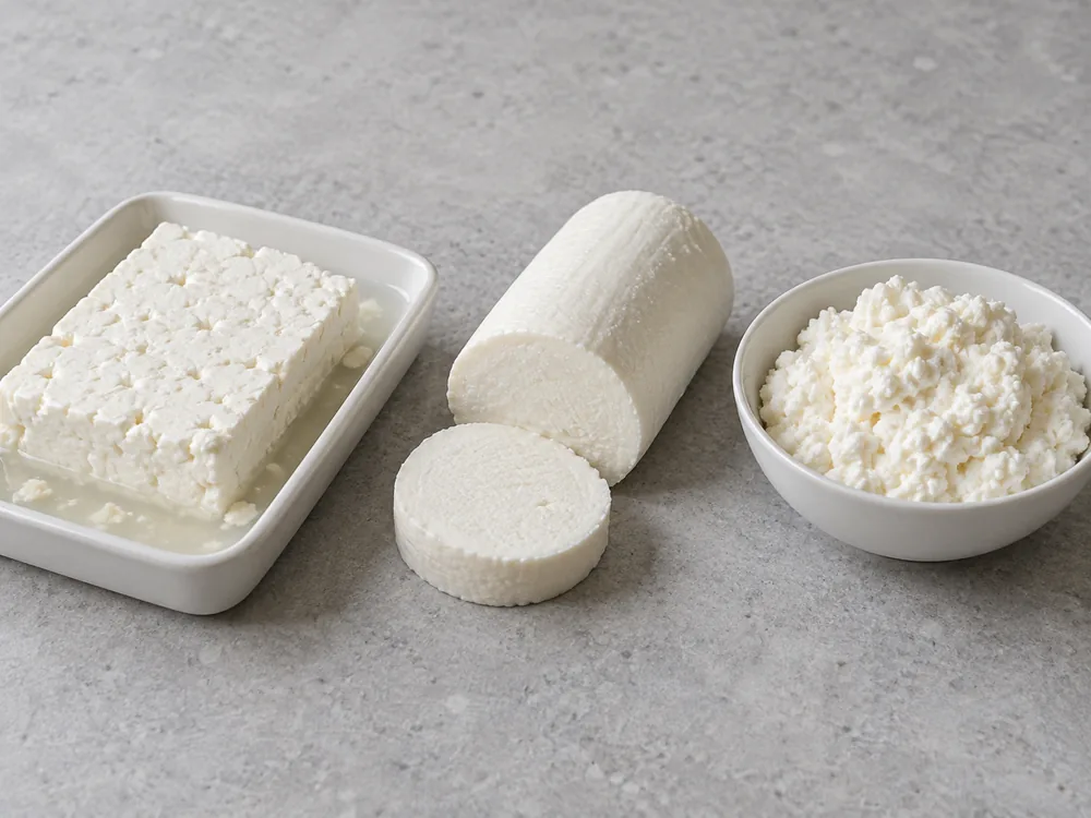Feta in brine, a cut Manouri cylinder and a bowl of ricotta side by side - Manouri | KnowTheCheese