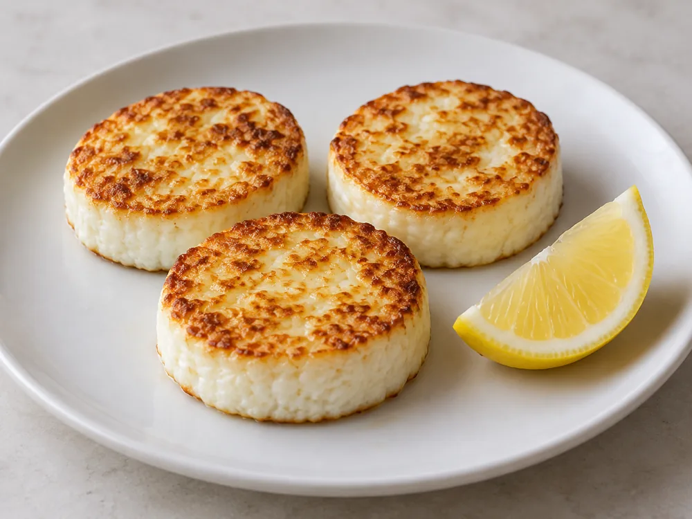 Three pan-fried Manouri slices with a lemon wedge on a white plate - Manouri | KnowTheCheese