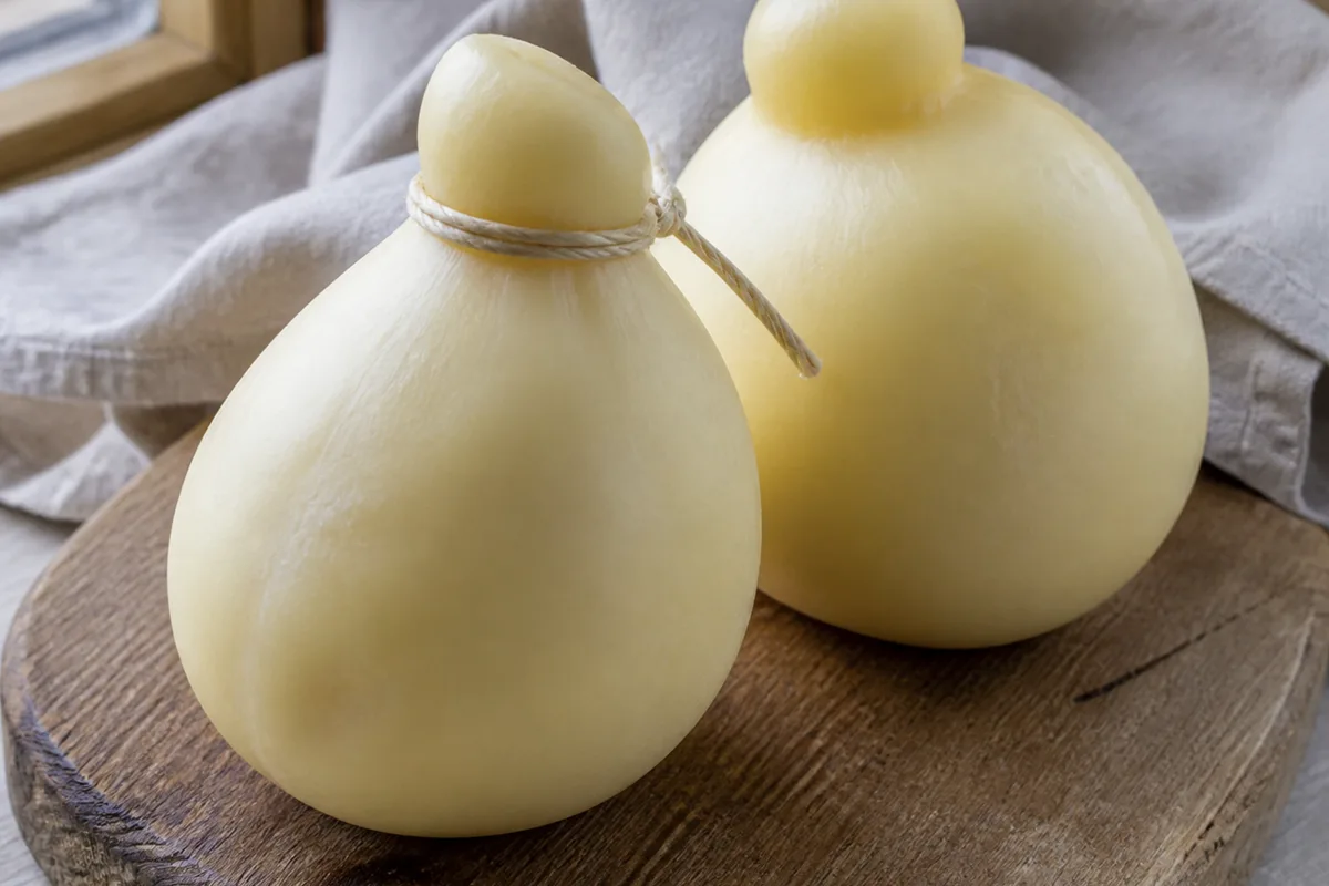 Two whole pear-shaped Manteca cheeses tied at the neck on a wooden board - Manteca | KnowTheCheese