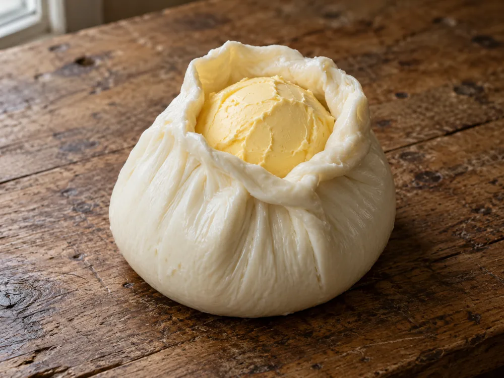 Open pouch of white stretched curd holding a ball of yellow butter on a wooden table - Manteca | KnowTheCheese