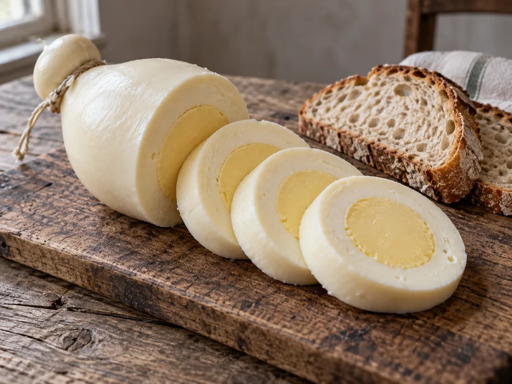 Pear-shaped cheese cut crosswise into round slices, each showing a yellow butter centre in a white ring, beside rustic bread - Manteca | KnowTheCheese