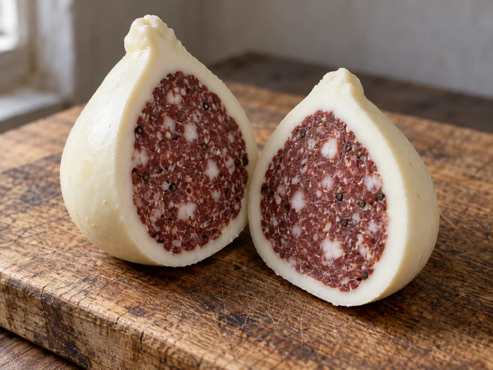 Two halves of a pear-shaped cheese, each showing a dark red-brown salami centre with white fat cubes and black pepper inside a pale shell - Manteca | KnowTheCheese