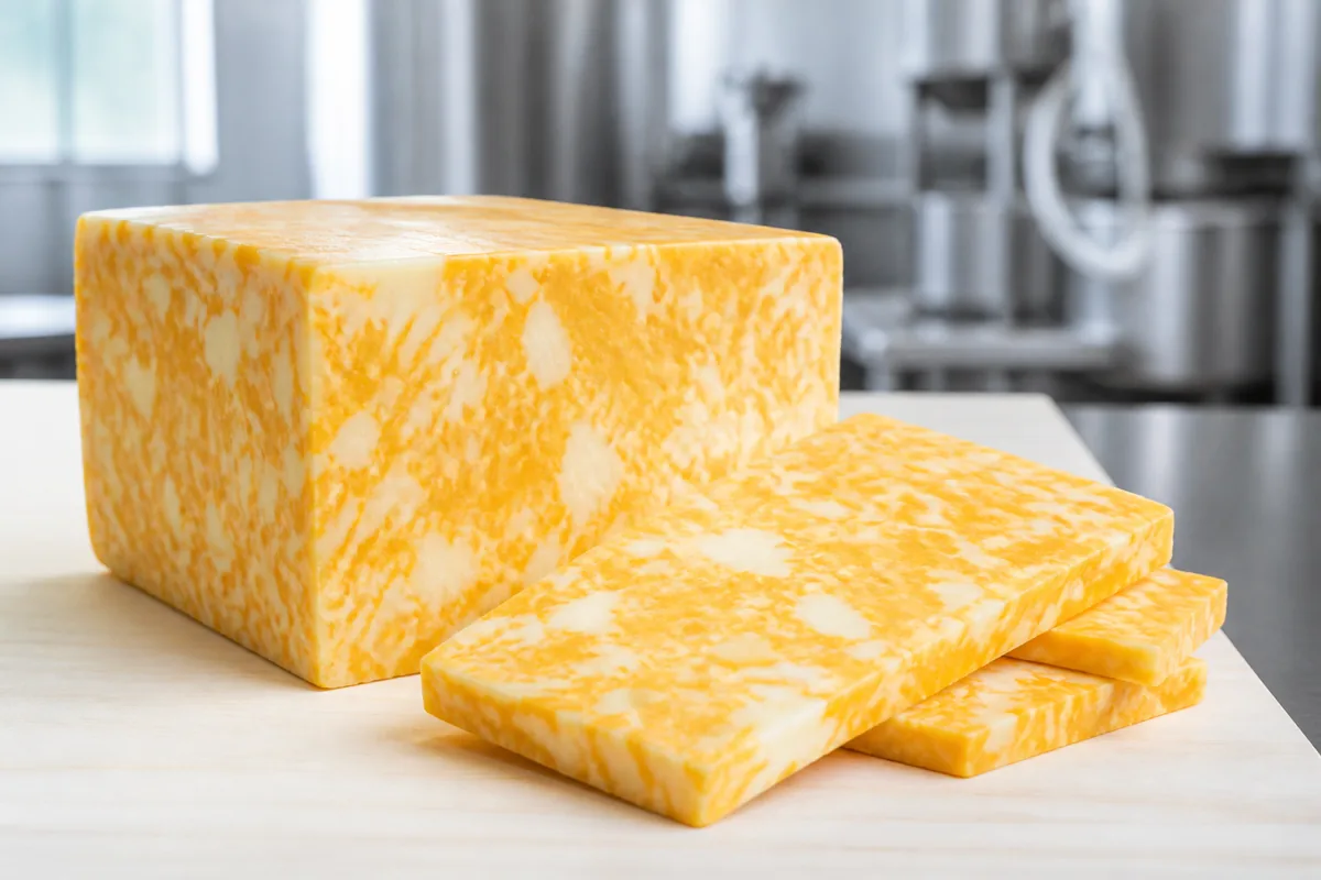 Orange and white marbling through a block of Marble Cheddar - Marble Cheddar | KnowTheCheese